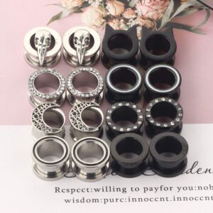 TIANCI FBYJS 8 Pairs Surigcal Stainless Steel Ear Gauges Black Plug Tunnels for Men Women Screw Hollow Earrings Gauges For Ear 00g 2g 0g -5/8'' inch Piercings Stretcher Set