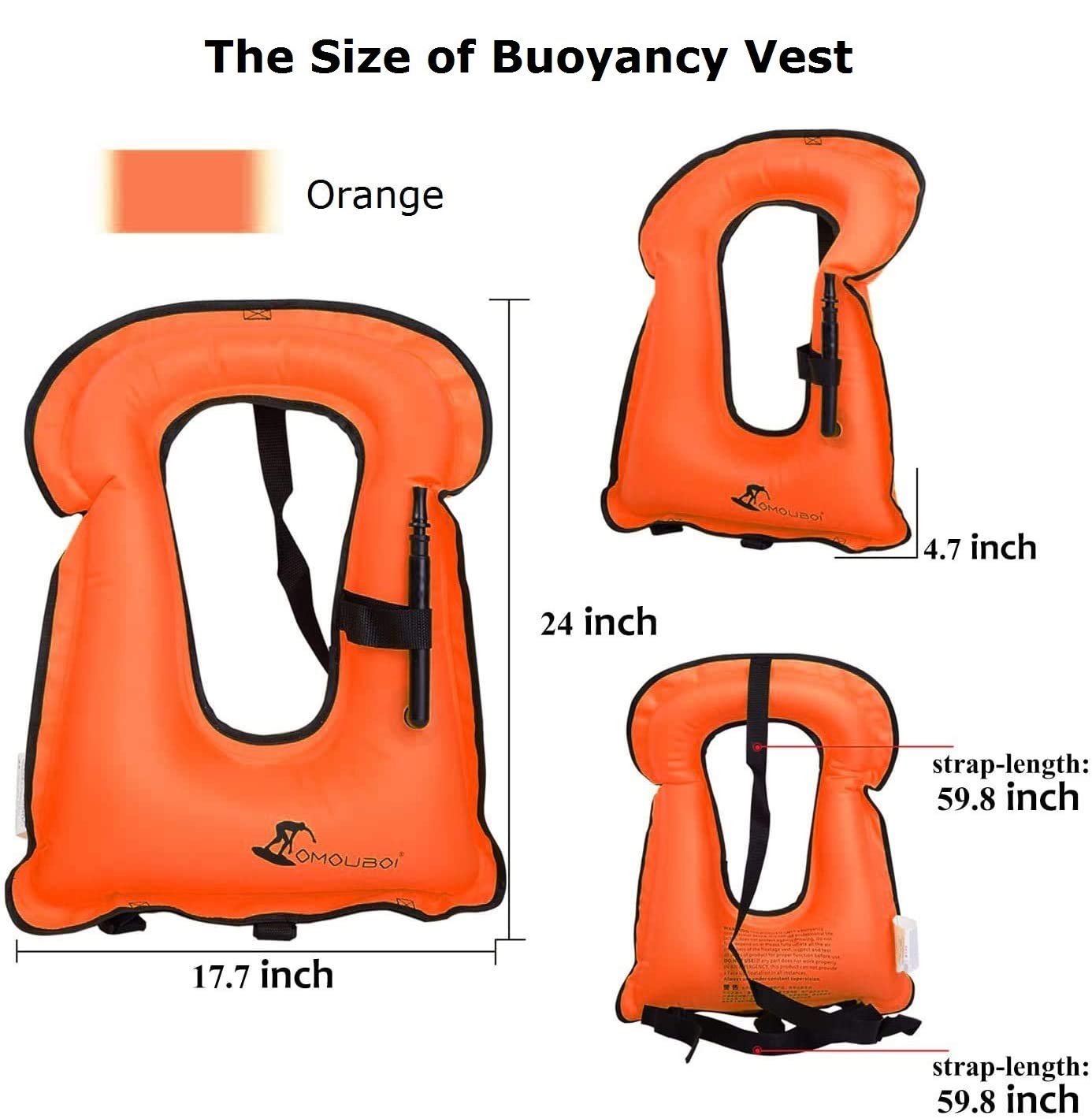 OMOUBOI Snorkel Vest for Adults Swim Vests Inflatable Snorkeling Jackets for Diving, Snorkeling, Swimming Safety (Suitable for 100-220 lbs) (Orange)