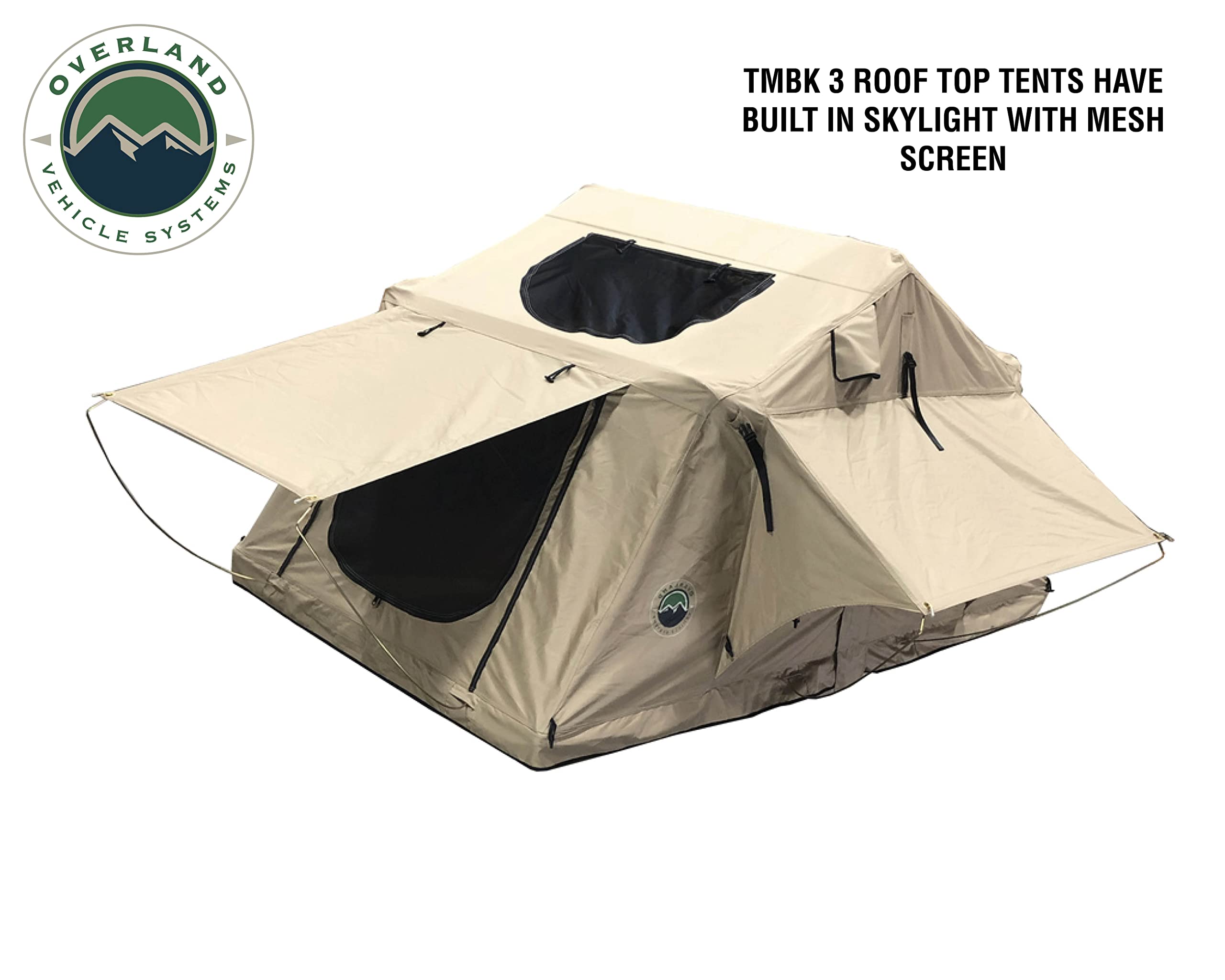 Overland Vehicle Systems TMBK 3 Person Roof Top Tent with Rain Fly Tan Body & Green Rainfly - Black Aluminum Base with Black Ladder - Universal Fitment