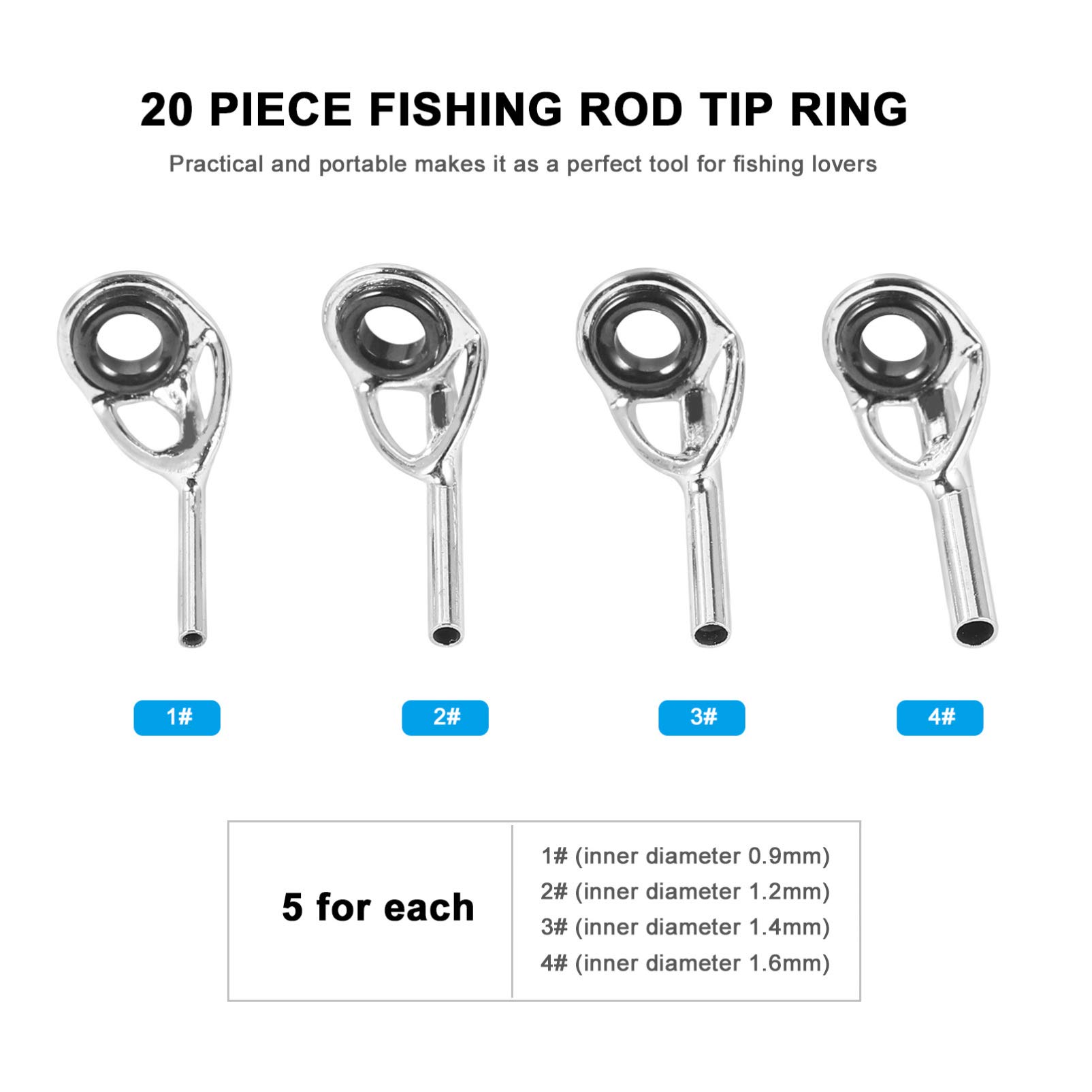 BESPORTBLE 20pcs Fishing Rod Tip Stainless Steel Spinning Rod Guides Tip with Eyelets Replacement for Sea Fishing Rod Repair 0.9mm 1.2mm 1.4mm 1.6mm