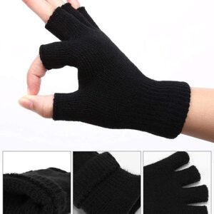 SATINIOR 4 Pairs Winter Half Finger Gloves Knitted Fingerless Mittens Warm Stretchy Gloves for Men and Women (Black, Navy)