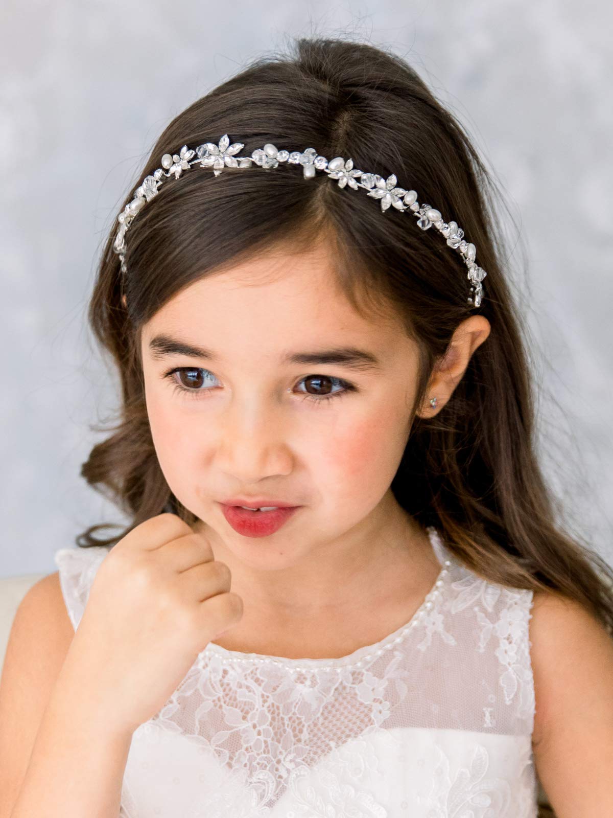 SWEETV Silver Flower Girl Headpiece for Wedding Crystal Floral Girls Headband Princess Hair Accessories for Birthday Party, First Communion