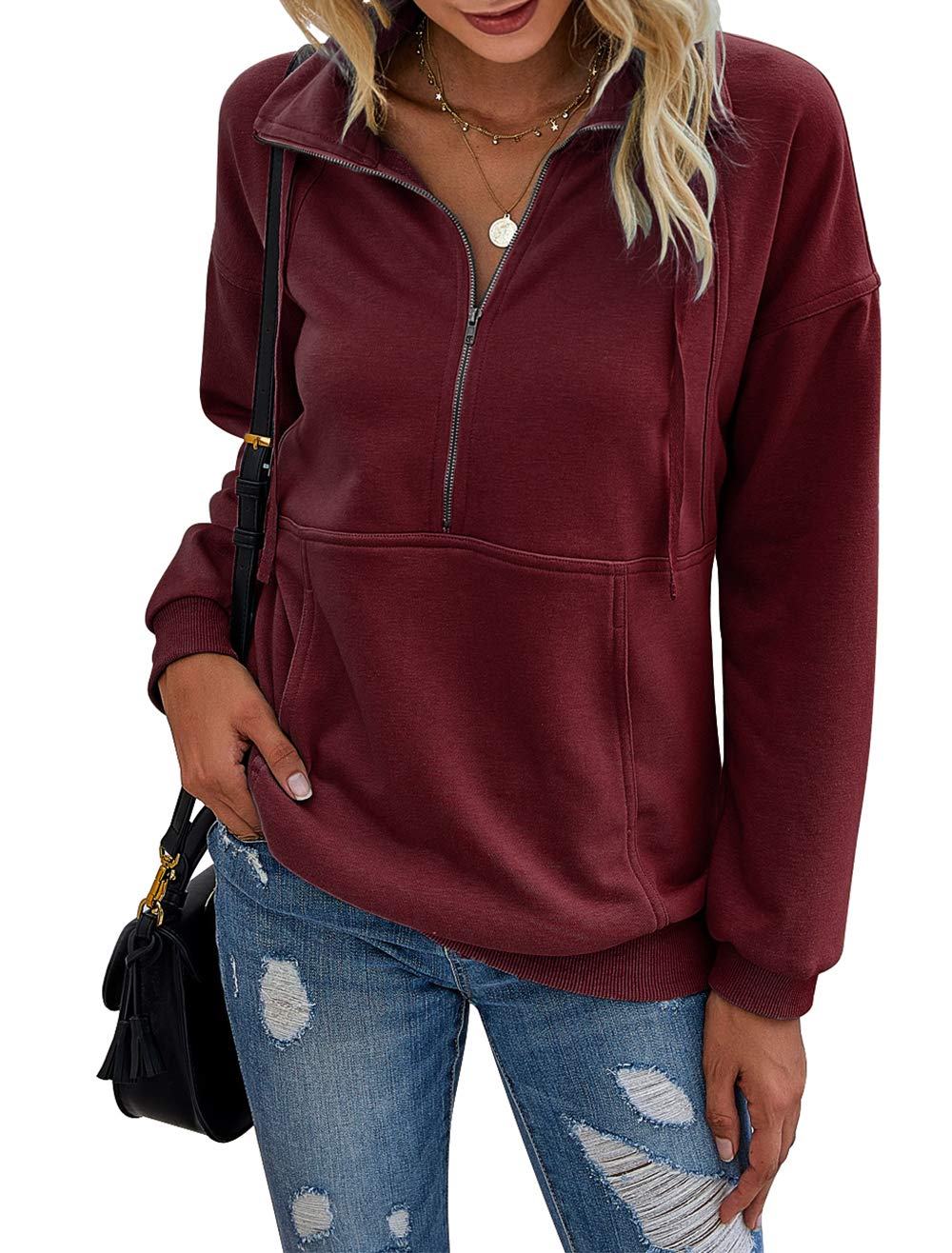 PRETTYGARDEN Women’s Casual Long Sleeve Lapel Zipper Sweatshirt Drawstring Loose Pullover Tops Wine Red