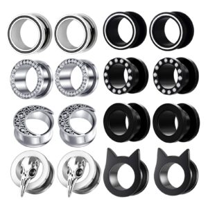 TIANCI FBYJS 8 Pairs Surigcal Stainless Steel Ear Gauges Black Plug Tunnels for Men Women Screw Hollow Earrings Gauges For Ear 00g 2g 0g -5/8'' inch Piercings Stretcher Set