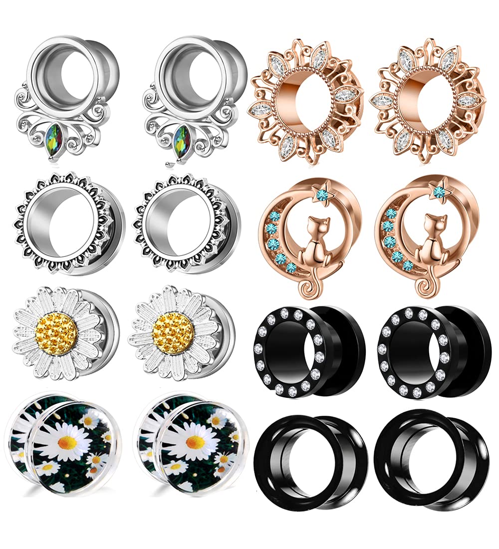 8 Pairs Ear Tunnels Gauges For Women Black Internally Flare Earrings Plugs Gauges For Ear Stainless Steel Plug Tunnel Piercing Stretcher Kit Rhinestone Flower Drop 10mm 00g