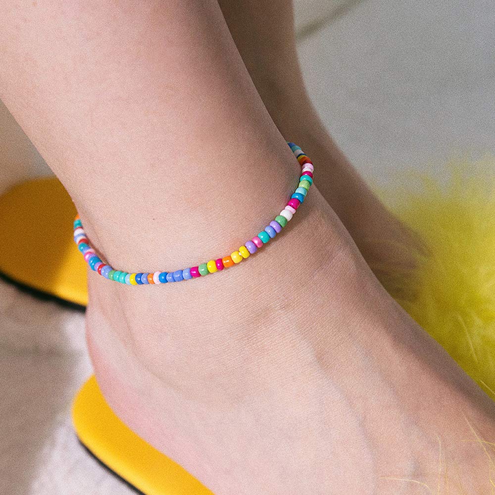 XIJIN 18 Pieces Elastic Beaded Anklets for Women Handmade Beach Boho Colorful Beads Ankle Bracelets Set