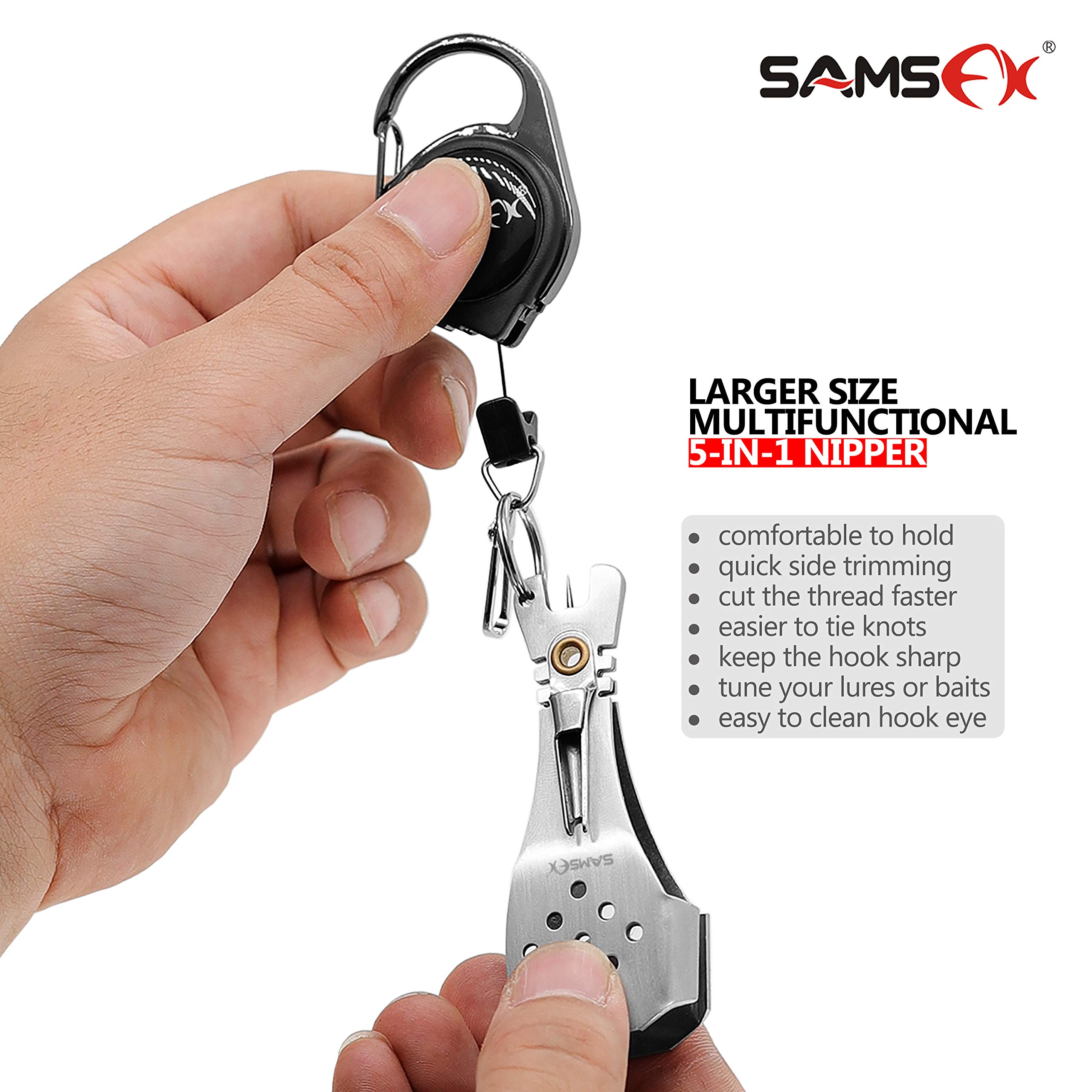 SAMSFX Fishing Gear Knot Tying Tool Quick Knot Tools 3.4" Fishing Line Clipper with Retractor (5 in 1 Nipper & Carabiner Style Zinger Retractors)