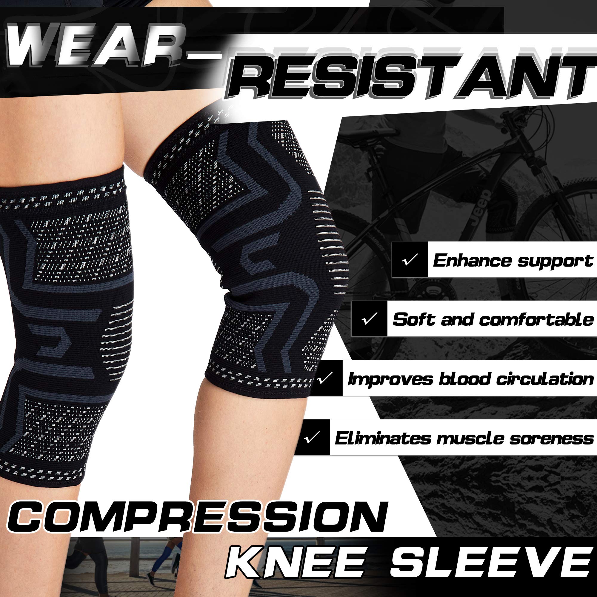 COOLOMG Knee Brace for Knee Pain Knee Compression Sleeves Arthritis Pain Knee Support Running Cycling Weightlifting Gym Workout Sports 1 Pair for Men Women Youth M