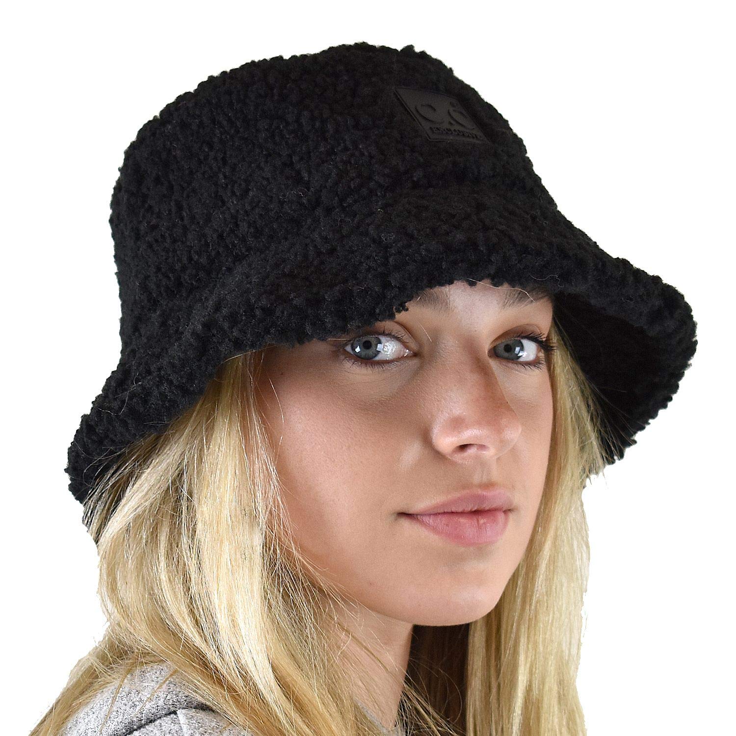 C.C Women's Winter Faux Fur Teddy Style Fisherman Bucket Hat, Black