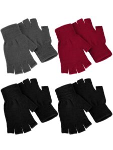 satinior 4 pairs winter half finger gloves knitted fingerless mittens warm stretchy gloves for men and women (black, navy, red)