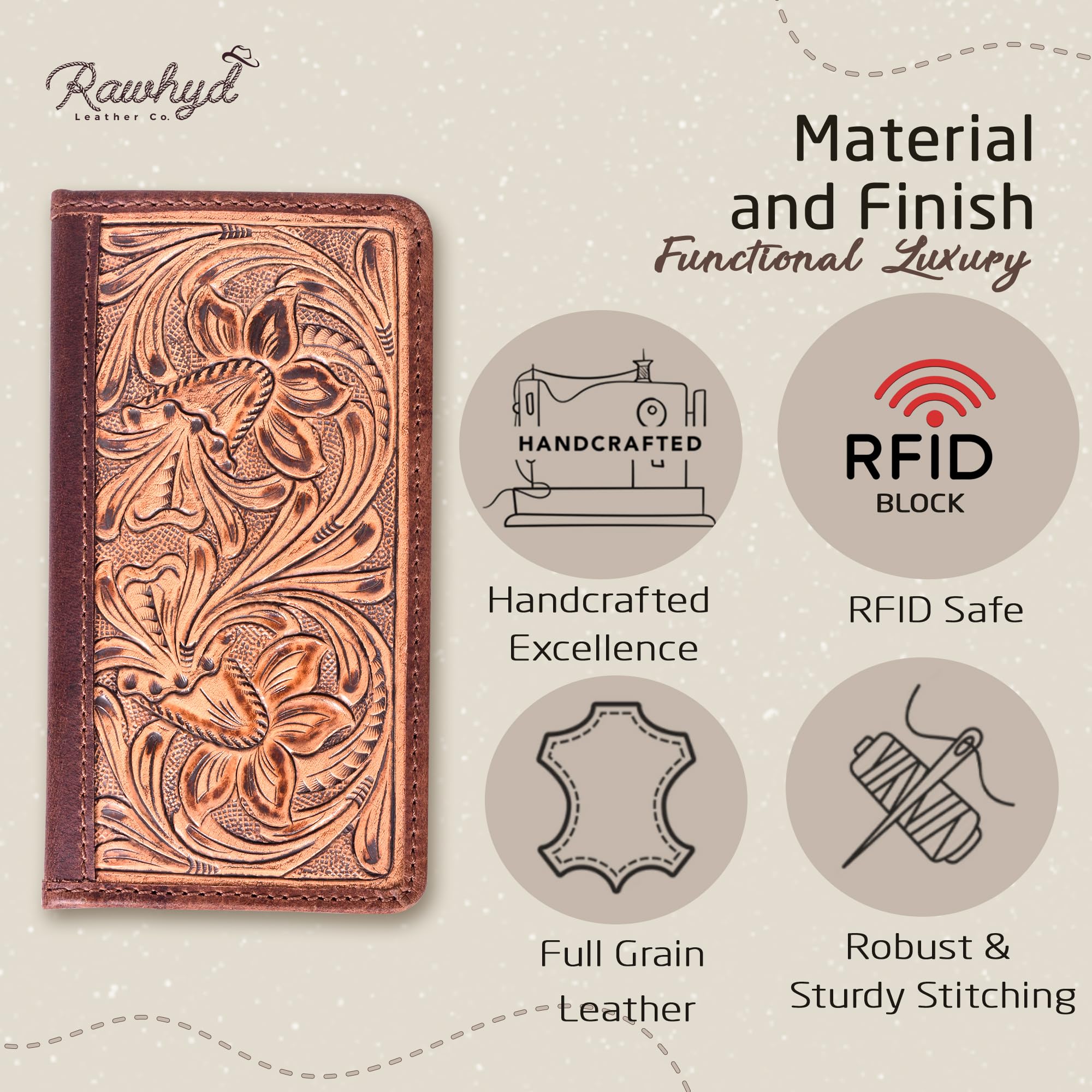 Mens Tooled Leather Wallet – RFID-Blocking Long Wallets for Men - Full Grain Leather Cowboy Wallets for Men – Floral Tooled Mens Western Wallets w/ Credit Card Sleeves - Country Western Gifts for Men