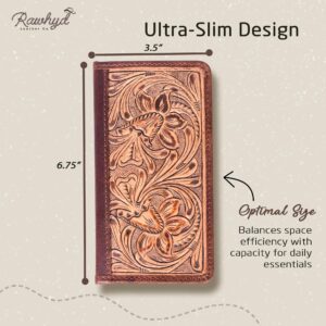 Mens Tooled Leather Wallet – RFID-Blocking Long Wallets for Men - Full Grain Leather Cowboy Wallets for Men – Floral Tooled Mens Western Wallets w/ Credit Card Sleeves - Country Western Gifts for Men