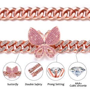 DXZNBEST 18 Inch 13mm Butterfly Cuban Necklace Collars Miami Butterfly Cuban Link Choker Iced Out Bling Butterfly Chain for Women Hip Hop Rapper Mother's Day Christmas