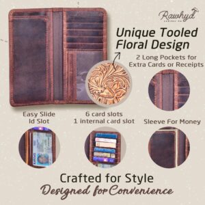 Mens Tooled Leather Wallet – RFID-Blocking Long Wallets for Men - Full Grain Leather Cowboy Wallets for Men – Floral Tooled Mens Western Wallets w/ Credit Card Sleeves - Country Western Gifts for Men