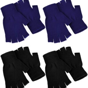 SATINIOR 4 Pairs Winter Half Finger Gloves Knitted Fingerless Mittens Warm Stretchy Gloves for Men and Women (Black, Navy)