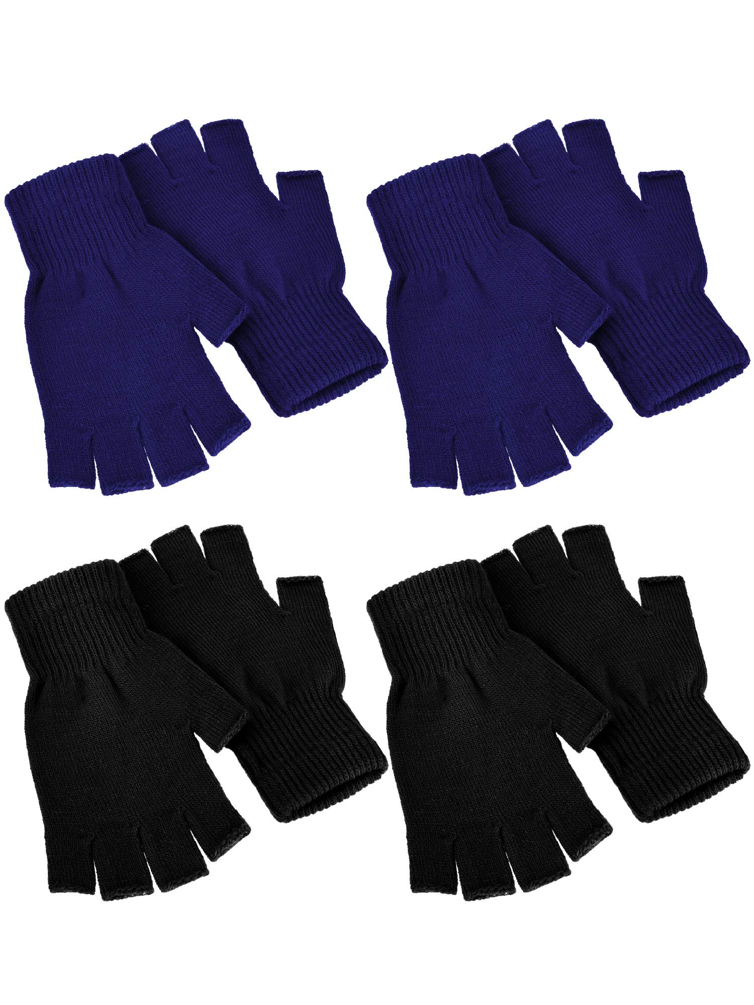 SATINIOR 4 Pairs Winter Half Finger Gloves Knitted Fingerless Mittens Warm Stretchy Gloves for Men and Women (Black, Navy)