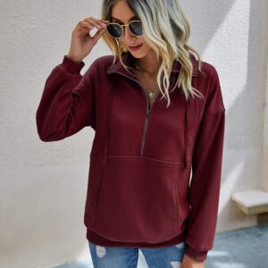 PRETTYGARDEN Women’s Casual Long Sleeve Lapel Zipper Sweatshirt Drawstring Loose Pullover Tops Wine Red