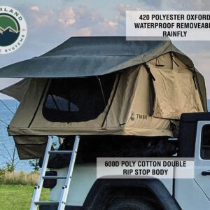 Overland Vehicle Systems TMBK 3 Person Roof Top Tent with Rain Fly Tan Body & Green Rainfly - Black Aluminum Base with Black Ladder - Universal Fitment