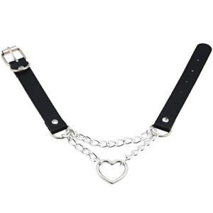 Leather Choker Collar Necklace, Heart Shape Gothic Punk Rock Choker Necklace Collars (Heart Chain) (Sold by MUGEER BTY)