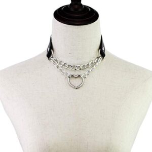 Leather Choker Collar Necklace, Heart Shape Gothic Punk Rock Choker Necklace Collars (Heart Chain) (Sold by MUGEER BTY)