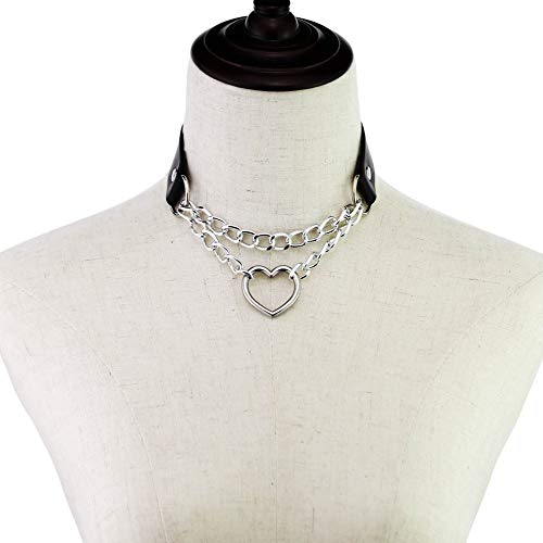 Leather Choker Collar Necklace, Heart Shape Gothic Punk Rock Choker Necklace Collars (Heart Chain) (Sold by MUGEER BTY)