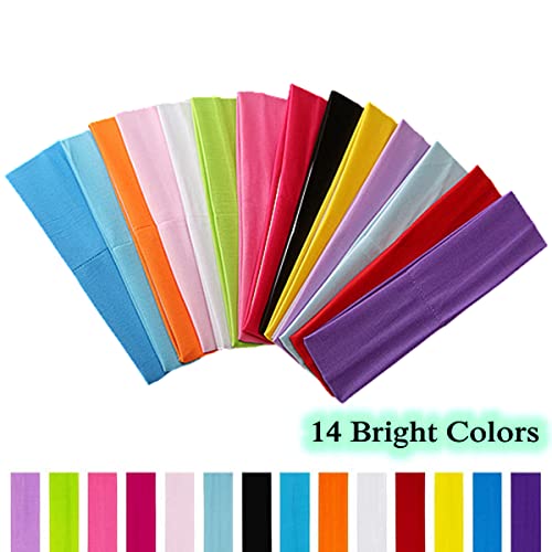 QUMENEY 14PCS Yoga Headband, Colorful Workout Headband, Elastic Sweat Headband for Women, Men, Running, Sports, Pilates, Fitness (Mixed 14 Colors)