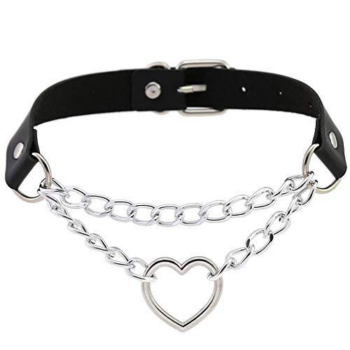 Leather Choker Collar Necklace, Heart Shape Gothic Punk Rock Choker Necklace Collars (Heart Chain) (Sold by MUGEER BTY)