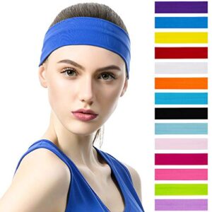 QUMENEY 14PCS Yoga Headband, Colorful Workout Headband, Elastic Sweat Headband for Women, Men, Running, Sports, Pilates, Fitness (Mixed 14 Colors)