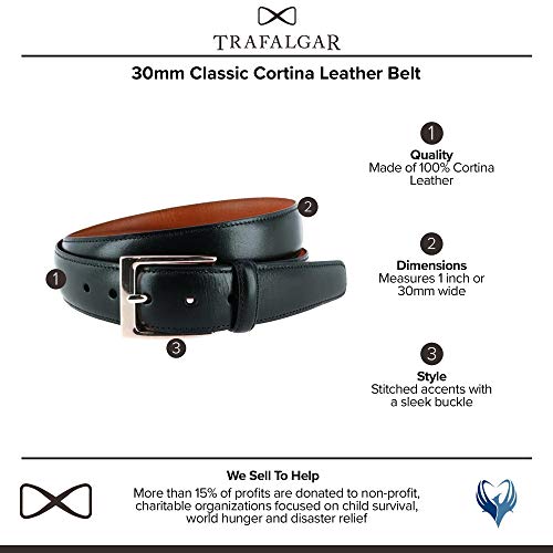 Trafalgar Men's Classic 30mm Cortina Leather Belt, 36, Black with Silver Buckle