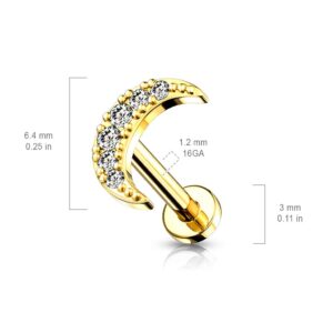 Amelia Fashion 16 Gauge CZ Paved Crescent Moon Top on Internally Threaded 316L Surgical Steel Flat Back Studs for Labret, Monroe, Cartilage and More (Clear - 16GA (1.2mm) - L. 5/16" (8mm))