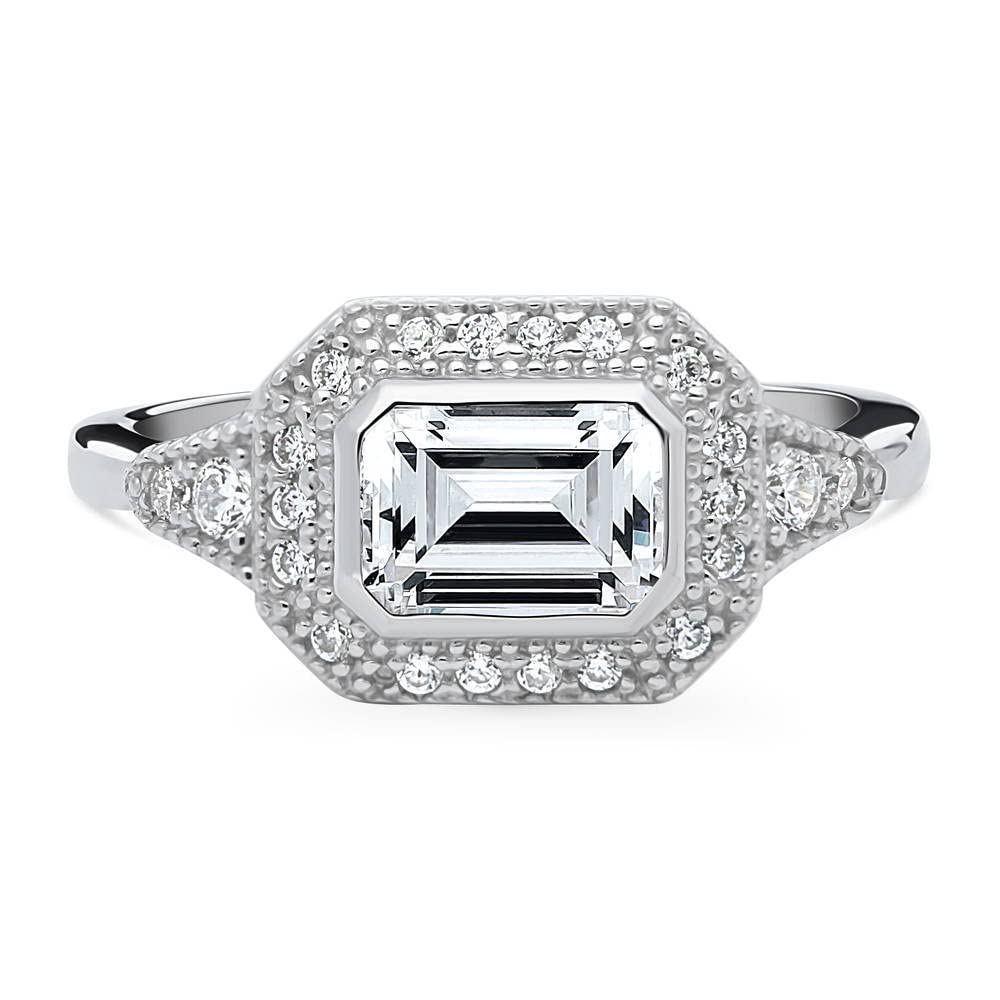 BERRICLE Sterling Silver Halo Wedding Engagement Rings Emerald Cut Cubic Zirconia CZ East-West Promise Ring for Women, Rhodium Plated Size 8