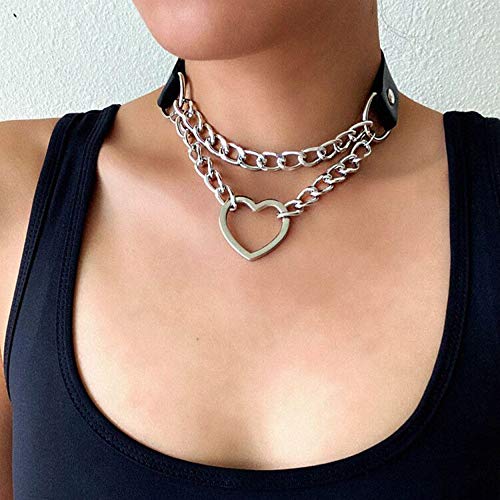 Leather Choker Collar Necklace, Heart Shape Gothic Punk Rock Choker Necklace Collars (Heart Chain) (Sold by MUGEER BTY)