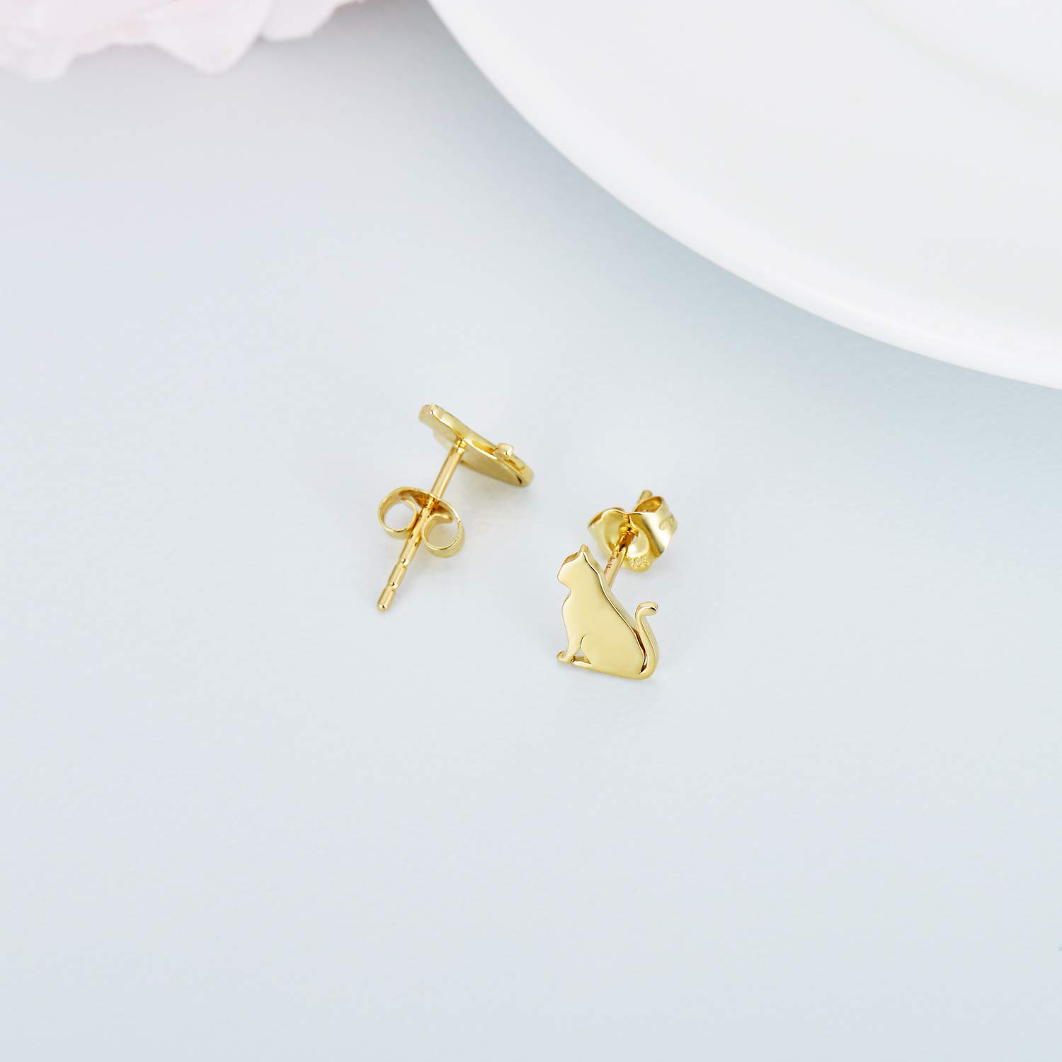 Solid 14k Gold Cat Earrings, Real 14 Carat Gold Stud Earrings for Women Teens, Animal Jewelry Gifts for Her