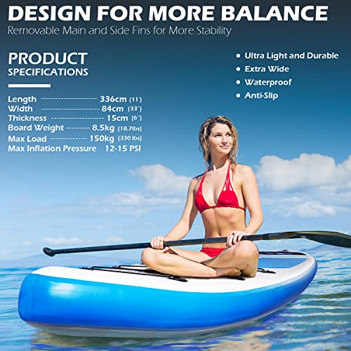 ADVENOR Paddle Board 11'x33 x6 Extra Wide Inflatable Stand Up with SUP Accessories Including Adjustable Paddle,Backpack,Waterproof Bag,Leash,and Hand Pump,Repair Kit (Blue)