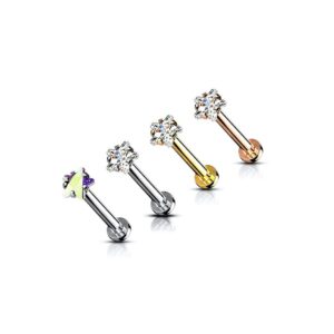 Covet Jewelry Star CZ Prong Set Top Internally Threaded Micro Base 316L Surgical Steel Labret, Flat Back Studs for Lip, Chin, Nose and More (16GA, Length: 5/16" (8mm), Ball: 3mm, Rose Gold)