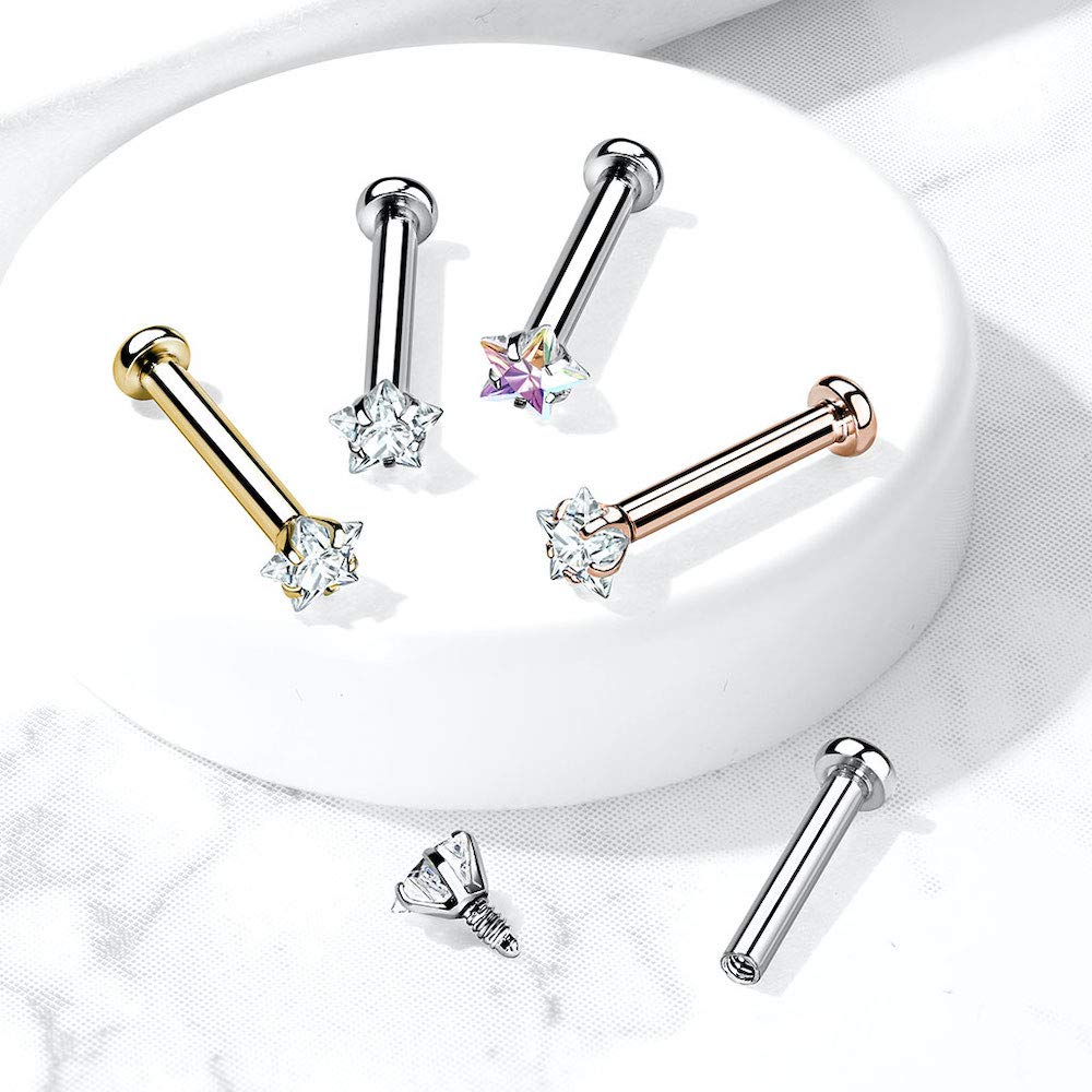 Covet Jewelry Star CZ Prong Set Top Internally Threaded Micro Base 316L Surgical Steel Labret, Flat Back Studs for Lip, Chin, Nose and More (16GA, Length: 5/16" (8mm), Ball: 3mm, Rose Gold)