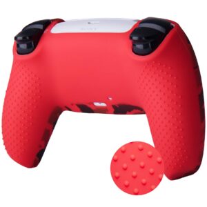 9CDeer 1 Piece of Silicone Transfer Print Protective Cover Skin + 10 Thumb Grips for Playstation 5 / PS5 Controller paint red