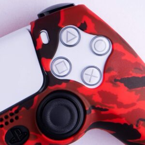 9CDeer 1 Piece of Silicone Transfer Print Protective Cover Skin + 10 Thumb Grips for Playstation 5 / PS5 Controller paint red