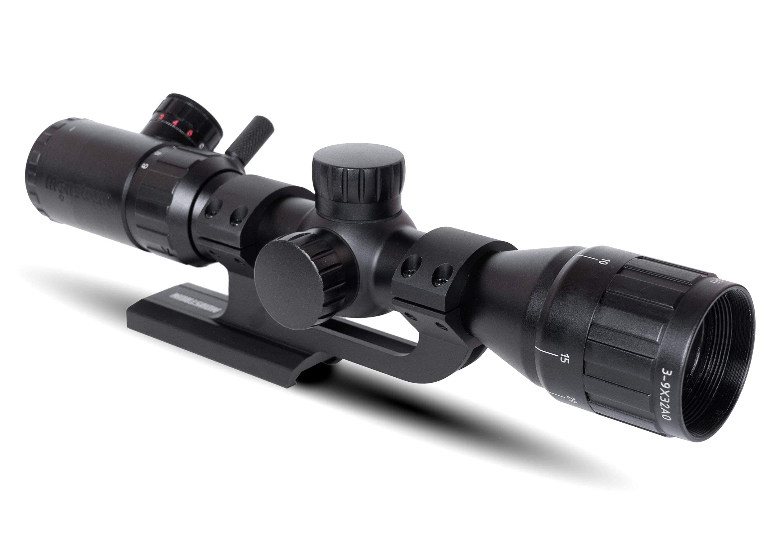 Monstrum 3-9x32 AO Rifle Scope with Illuminated Range Finder Reticle and Parallax Adjustment | ZR250 H-Series Offset Scope Mount | Bundle