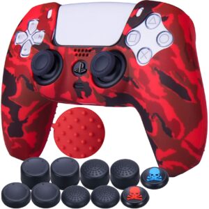 9cdeer 1 piece of silicone transfer print protective cover skin + 10 thumb grips for playstation 5 / ps5 controller paint red