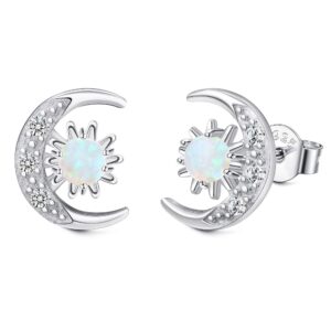 Milacolato 925 Sterling Silver Stud Earrings for Women18K White Gold Plated Cubic Zirconia Crescent Moon Star Earrings Hypoallergenic Created Opal Stud Earrings for Sensitive Ears