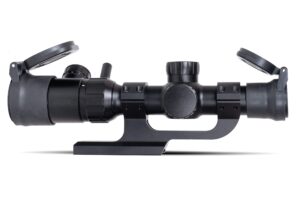 monstrum 1-4x20 rifle scope with rangefinder reticle | zr250 h-series offset scope mount | monstrum flip up lens cover set | bundle