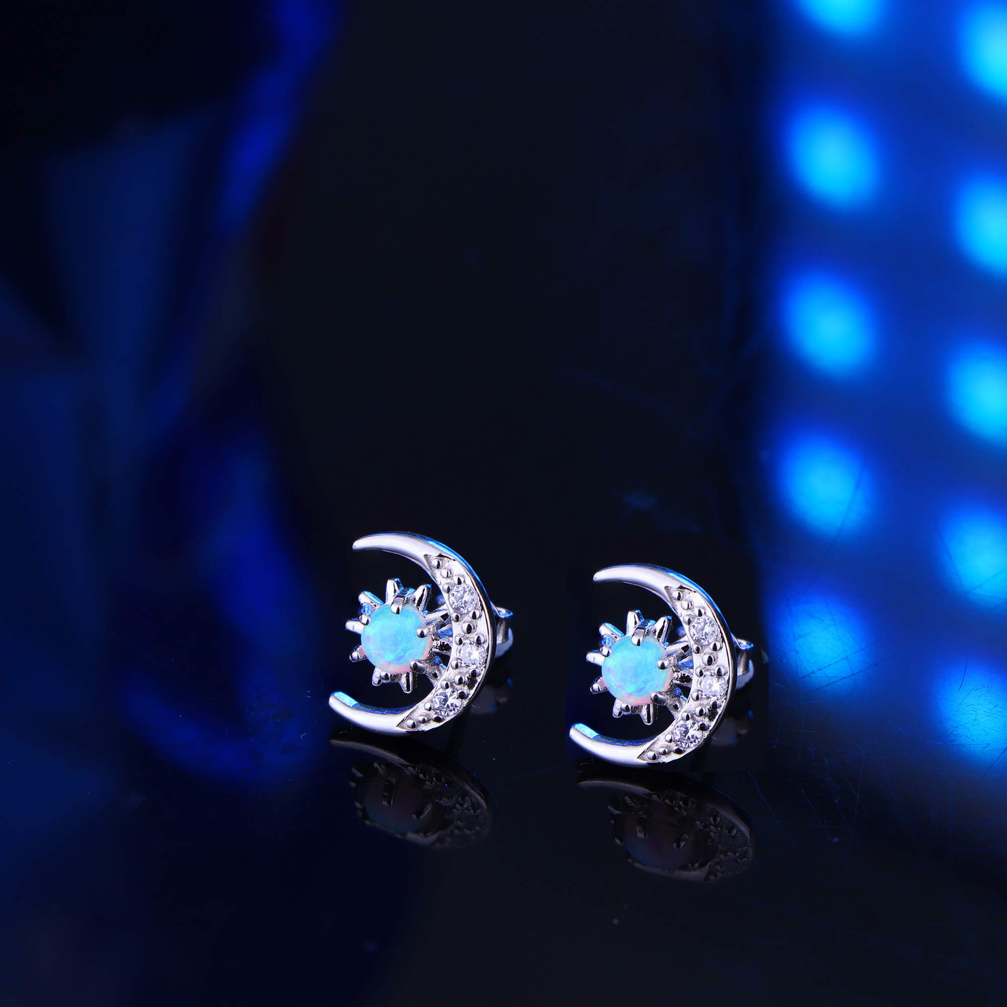 Milacolato 925 Sterling Silver Stud Earrings for Women18K White Gold Plated Cubic Zirconia Crescent Moon Star Earrings Hypoallergenic Created Opal Stud Earrings for Sensitive Ears