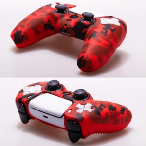 9CDeer 1 Piece of Silicone Transfer Print Protective Cover Skin + 10 Thumb Grips for Playstation 5 / PS5 Controller paint red