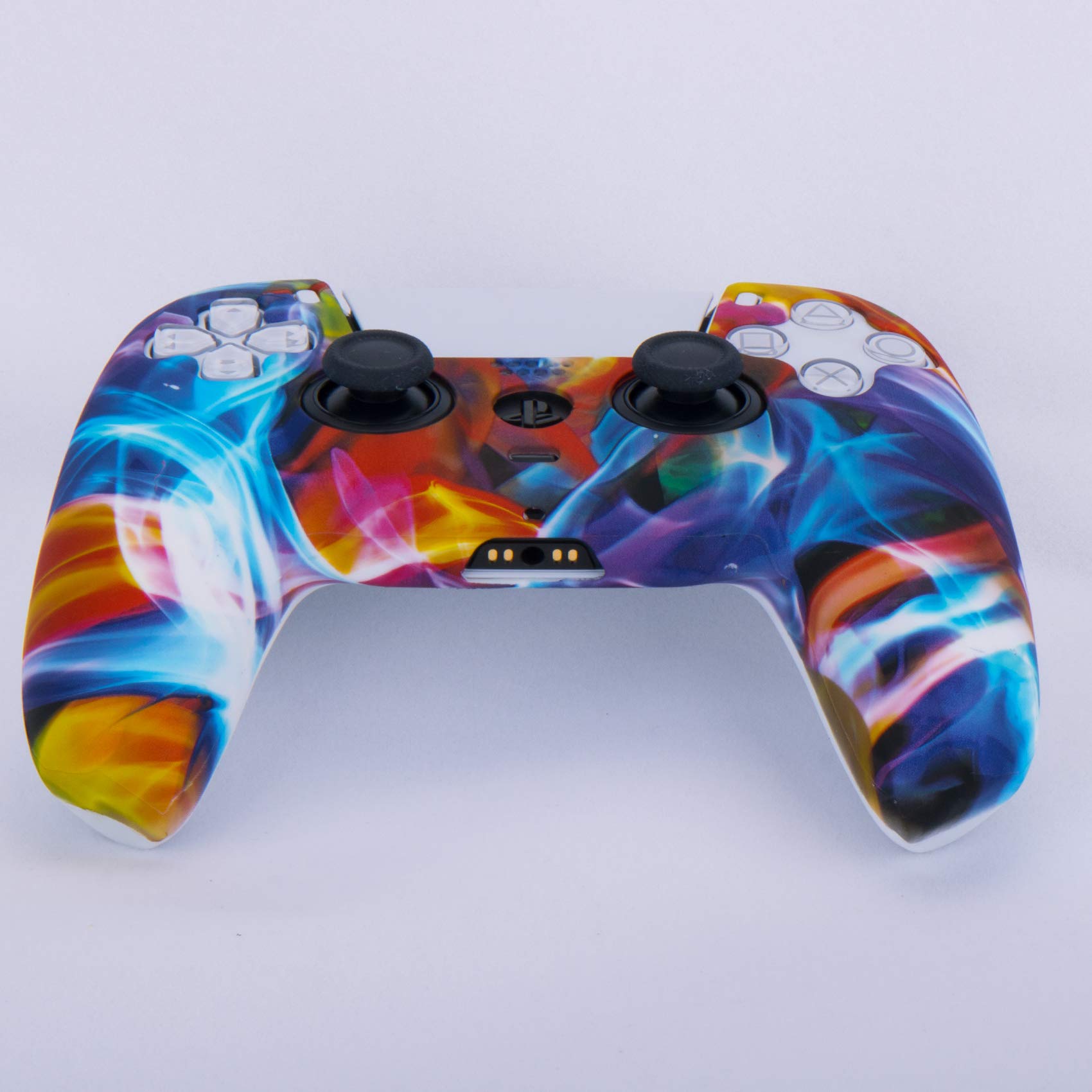 9CDeer 1 Piece of Silicone Transfer Print Protective Thick Cover Skin + 6 Thumb Grips for Playstation 5 / PS5 Controller Rainbow