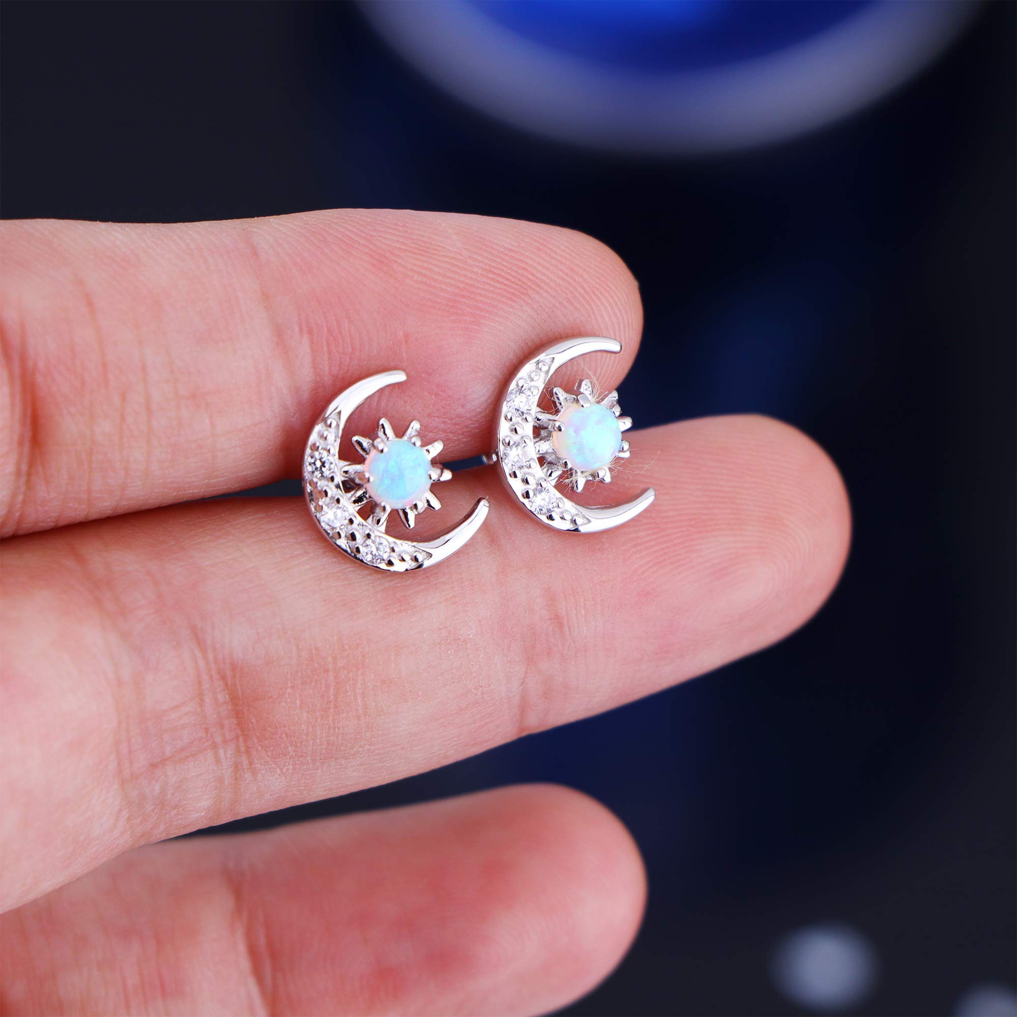 Milacolato 925 Sterling Silver Stud Earrings for Women18K White Gold Plated Cubic Zirconia Crescent Moon Star Earrings Hypoallergenic Created Opal Stud Earrings for Sensitive Ears