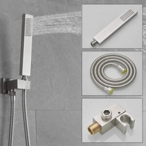 JingGang Brushed Nickel Shower System 10 Inch Bathroom Luxury Rain Mixer Shower Combo Set Wall Mounted Rainfall Shower Head and Handheld System Shower Faucet Rough-in Valve Body and Trim Included