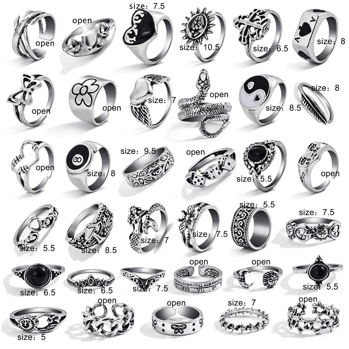 35 Pcs Vintage Silver Knuckle Rings Set for Women Men, Grunge Gothic Rings Chunky Aesthetic Snake Stackable Ring Adjustable Y2K Punk Bulky Boho Finger Alt Fairy Skull Frog Heart Star Flower Midi Ring Pack