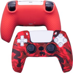 9CDeer 1 Piece of Silicone Transfer Print Protective Cover Skin + 10 Thumb Grips for Playstation 5 / PS5 Controller paint red