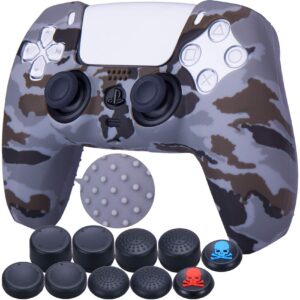 9cdeer 1 piece of silicone transfer print protective cover skin + 10 thumb grips for playstation 5 / ps5 controller camougrey